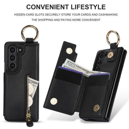 Ring Leather Zipper Wallet Card Slot Phone Case for Samsung Galaxy Z Fold 7 6 5 4 3 Shock Proof Flip Purse Holder Cover Hoesje