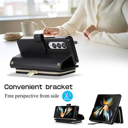 Crossbody Lanyard Zip Leather Wallet Card Phone Case for Samsung Galaxy Z Fold 7 6 5 4 3 Luxury Wrist Rope Flip Stand Cover Bag