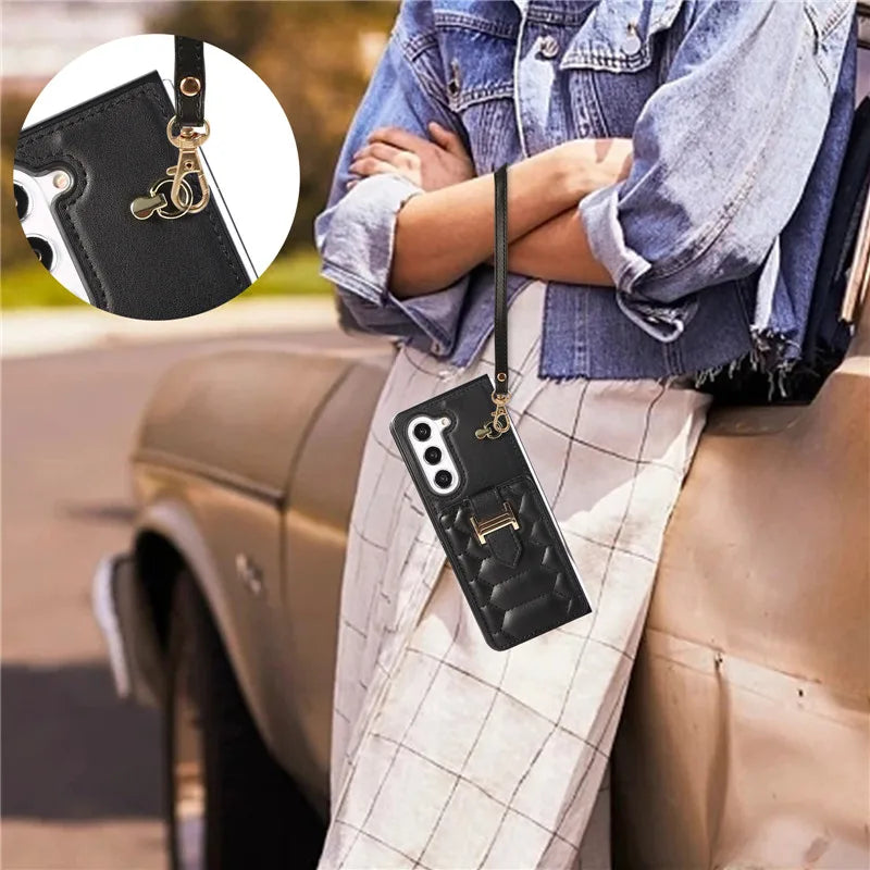 Crossbody Lanyard Leather Phone Case for Samsung Galaxy Z Fold 6 5 4 3 Fold6 Fold5 Fold4 Fold3 Wrist Rope Wallet Card Cover Etui