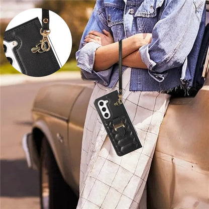 Crossbody Lanyard Leather Phone Case for Samsung Galaxy Z Fold 6 5 4 3 Fold6 Fold5 Fold4 Fold3 Wrist Rope Wallet Card Cover Etui