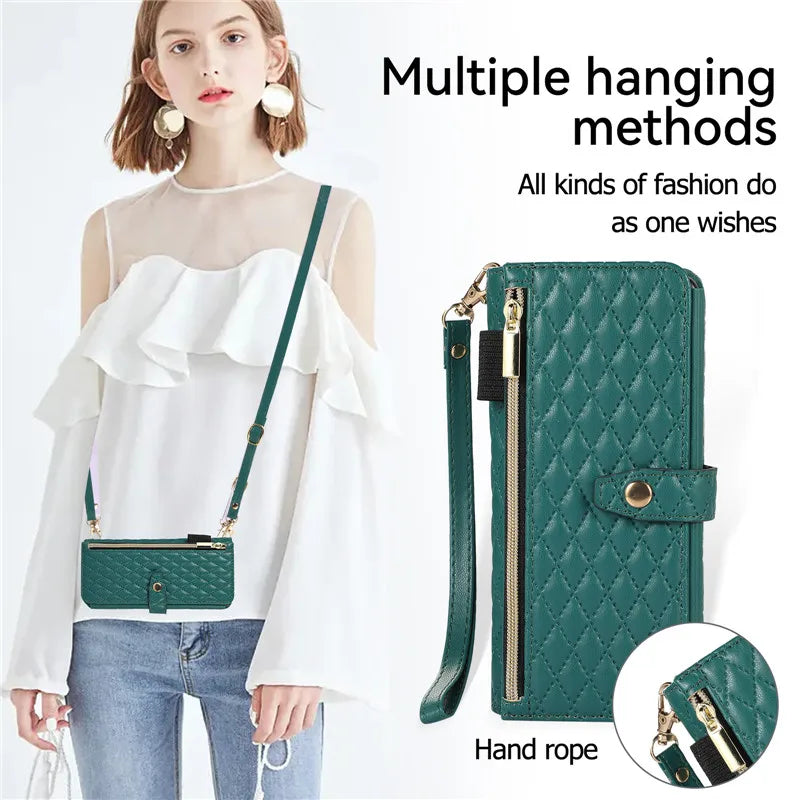 Luxury Lanyard Leather Flip Stand Phone Case for Samsung Galaxy Z Fold 7 6 5 4 3 Fold6 Fold5 Fold3 Fold4 Zip Wallet Card Cover