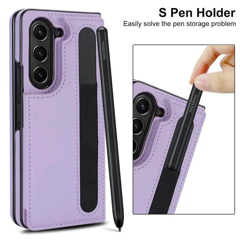 Pen Slot Leather Wallet Card Phone Case for Samsung Galaxy Z Fold 7 6 5 4 3 Fold6 Fold5 Fold4 Fold3 Retor Flip Stand Cover Etui