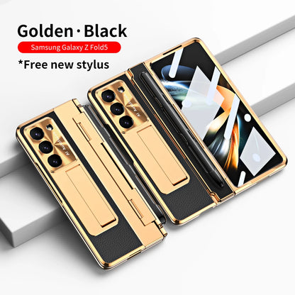 Coque With S Pen Plating Leather Case For Samsung Galaxy Z Fold 7 6 5 4 360 Full Protection Tempered Glass Kickstand Phone Cover