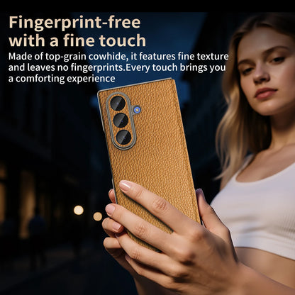 Genuine Cowhide Leather Phone Case for Samsung Galaxy Z Fold 7 Fold6 5 W24 W25 Fine Hole Lens Bumper Magnetic Suction Edge Cover