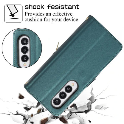 Crossbody Lanyard Zip Leather Wallet Card Phone Case for Samsung Galaxy Z Fold 7 6 5 4 3 Luxury Wrist Rope Flip Stand Cover Bag
