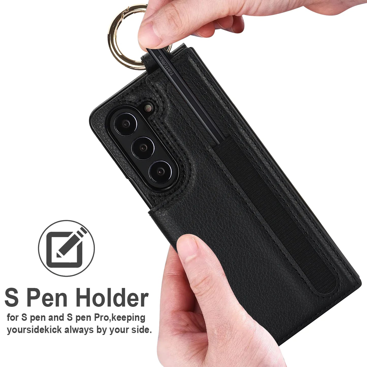 Fold7 Ring&Pen Slot Pu Leather Phone Case for Samsung Galaxy Z Fold 7 6 5 4 3 Metal Double Buckle Flip Card Holder Wallet Cover