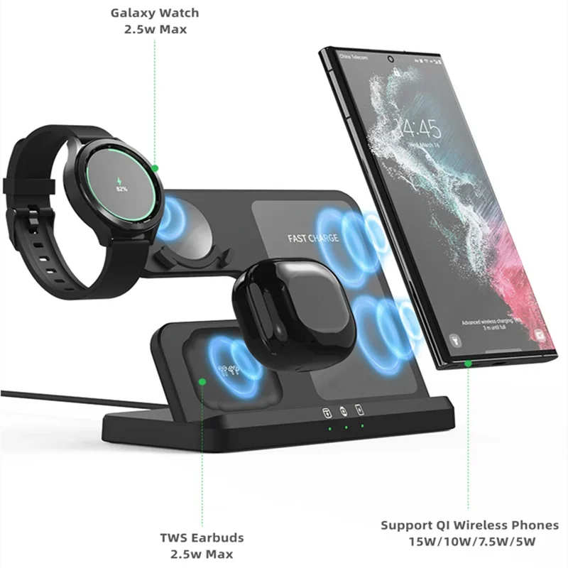 Galaxy Watch and Buds/Phones 3 in 1 Charger Wireless Charging Station for Samsung Watch 7 6 5 Pro/4 Active S25 Ultra S24 Flip 6