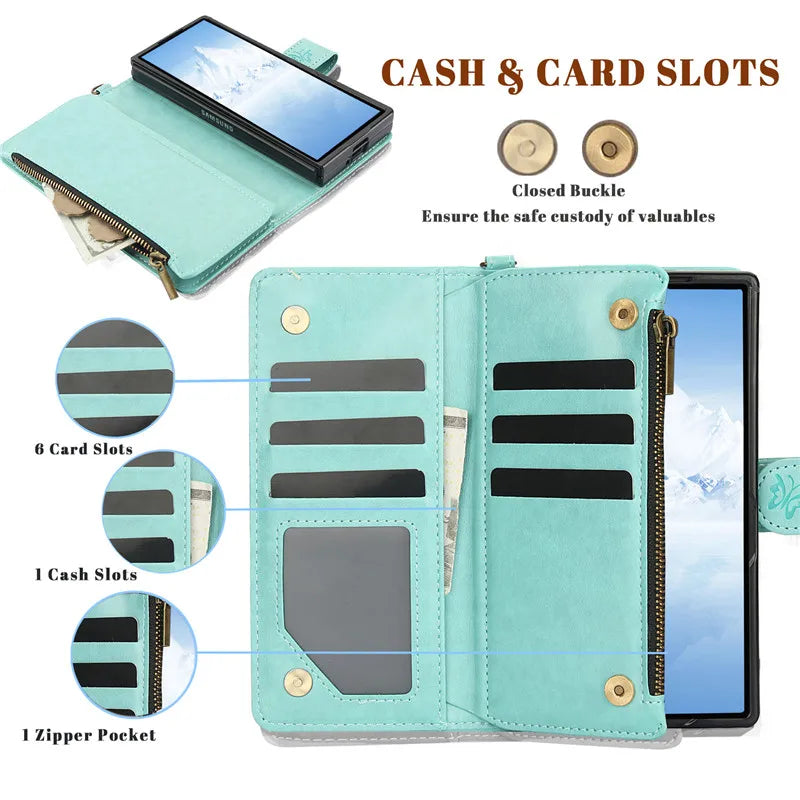 Lanyard Leather Zipper Wallet Multi Card Phone Case for Samsung Galaxy Z Fold 7 6 5 4 3 Fold6 Fold5 Fold4 Fold3 Flip Stand Cover