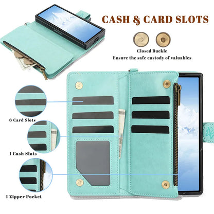 Lanyard Leather Zipper Wallet Multi Card Phone Case for Samsung Galaxy Z Fold 7 6 5 4 3 Fold6 Fold5 Fold4 Fold3 Flip Stand Cover