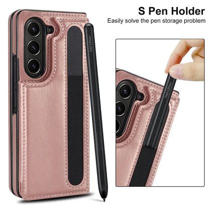 Pen Slot Leather Wallet Card Phone Case for Samsung Galaxy Z Fold 7 6 5 4 3 Fold6 Fold5 Fold4 Fold3 Retor Flip Stand Cover Etui