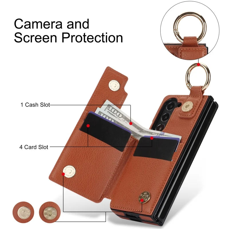 Ring Leather Zipper Wallet Card Slot Phone Case for Samsung Galaxy Z Fold 7 6 5 4 3 Shock Proof Flip Purse Holder Cover Hoesje