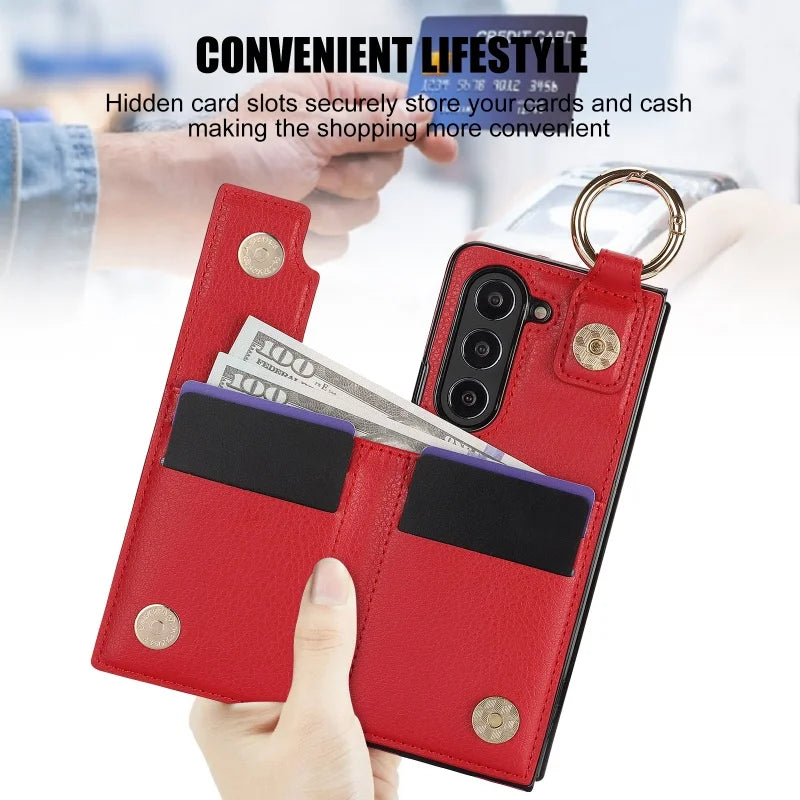 Ring Leather Zipper Wallet Card Slot Phone Case for Samsung Galaxy Z Fold 7 6 5 4 3 Shock Proof Flip Purse Holder Cover Hoesje