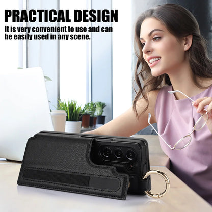 Fold7 Ring&Pen Slot Pu Leather Phone Case for Samsung Galaxy Z Fold 7 6 5 4 3 Metal Double Buckle Flip Card Holder Wallet Cover