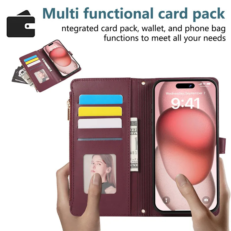 Crossbody Lanyard Leather Zip Wallet Card Slot Phone Case for Samsung Galaxy Z Fold 7 6 5 4 3 Wrist Strap Flip Stand Cover Etui