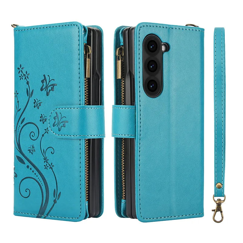 Lanyard Leather Zipper Wallet Multi Card Phone Case for Samsung Galaxy Z Fold 7 6 5 4 3 Fold6 Fold5 Fold4 Fold3 Flip Stand Cover