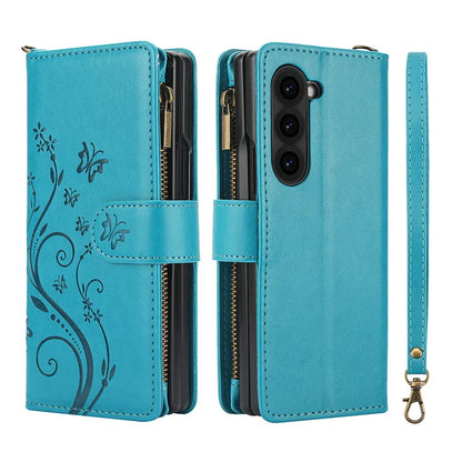 Lanyard Leather Zipper Wallet Multi Card Phone Case for Samsung Galaxy Z Fold 7 6 5 4 3 Fold6 Fold5 Fold4 Fold3 Flip Stand Cover
