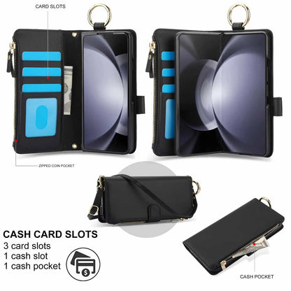 ZFold 7 Pu Leather Crossbody Phone Case for Samsung Galaxy Z Fold 7 6 5 4 3 Ring&Wrist Strap&Long Rope&Zipper Card Wallet Cover