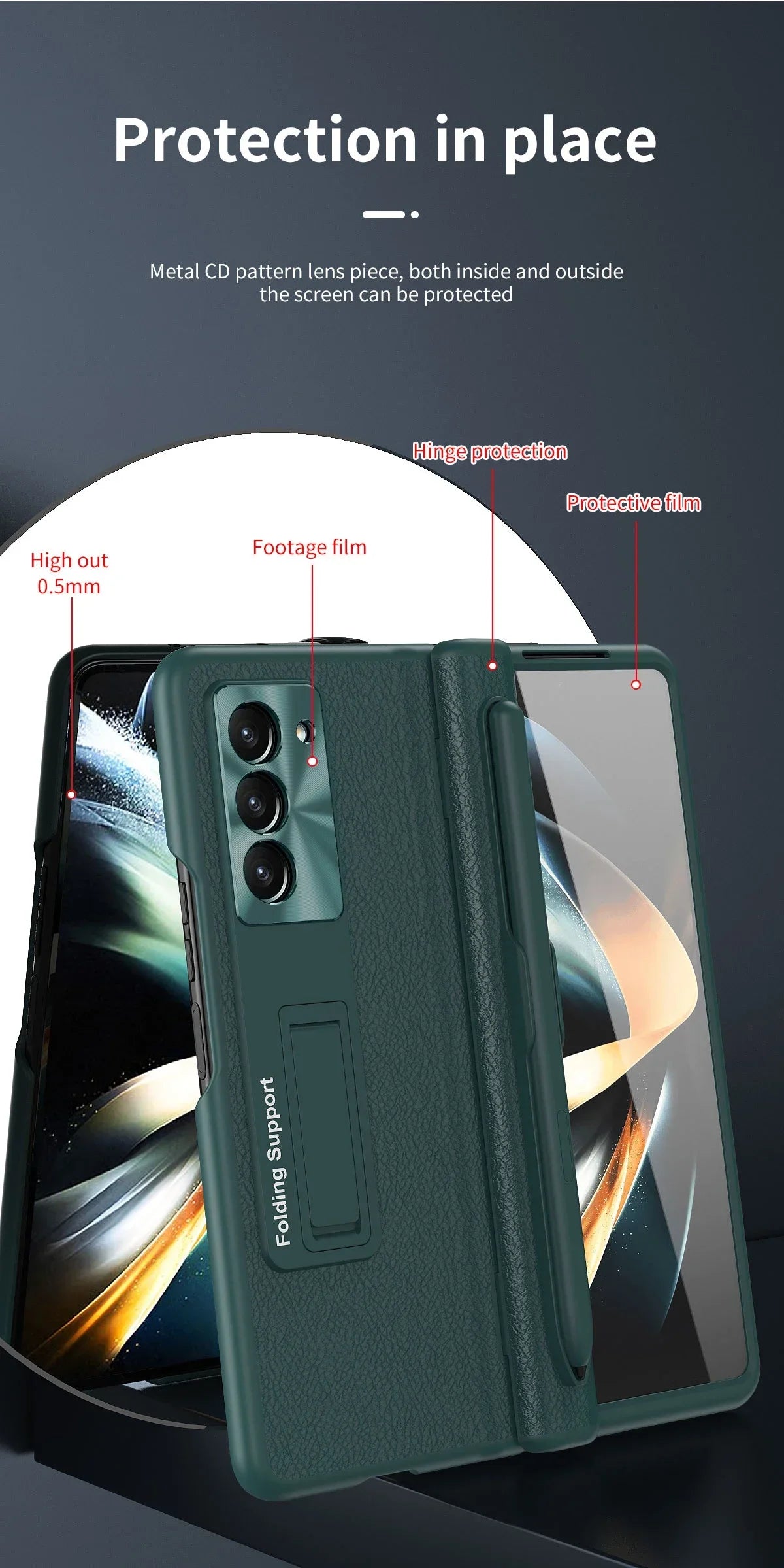 With Touch Pen Case For Samsung Galaxy Z Fold 5 Leather Hinge Fold 6 4 3 Screen Protector Tempered Film Folding Kickstand Cover