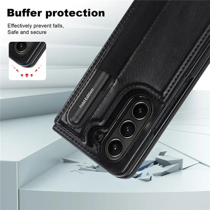 Pen Slot Leather Wallet Card Phone Case for Samsung Galaxy Z Fold 7 6 5 4 3 Fold6 Fold5 Fold4 Fold3 Retor Flip Stand Cover Etui