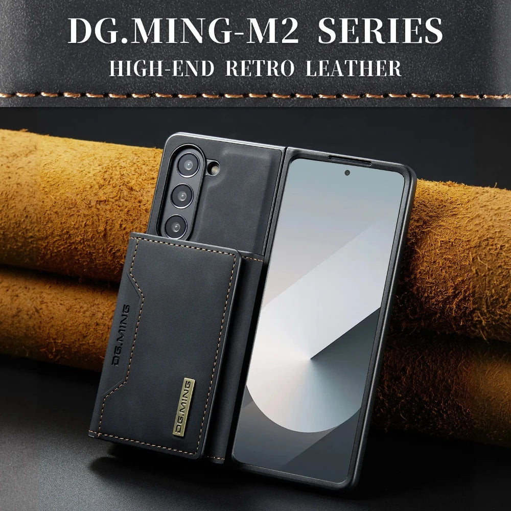 Z Fold 7 Phone Case for Samsung Galaxy Z Fold 6 5 4 3 Magnetic Detachable Metal Button Card Slot Bracket Wallet Pu Leather Cover