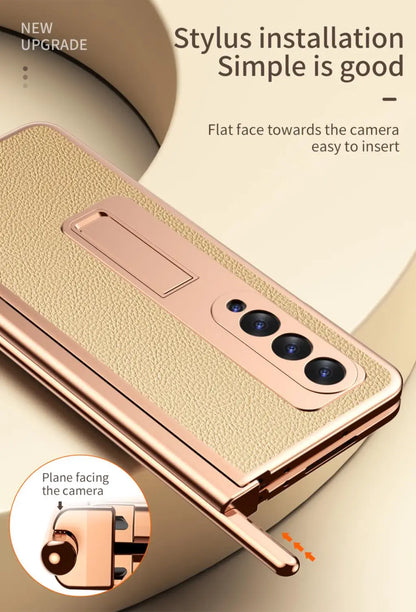 Coque With S Pen Plating Leather Case For Samsung Galaxy Z Fold 7 6 5 4 360 Full Protection Tempered Glass Kickstand Phone Cover