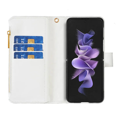 Luxury Lanyard Zipper Wallet Card Slot Phone Case For Samsung Galaxy Z Fold 7 6 5 4 3 Fold6 Fold5 Fold4 Leather Flip Stand Cover