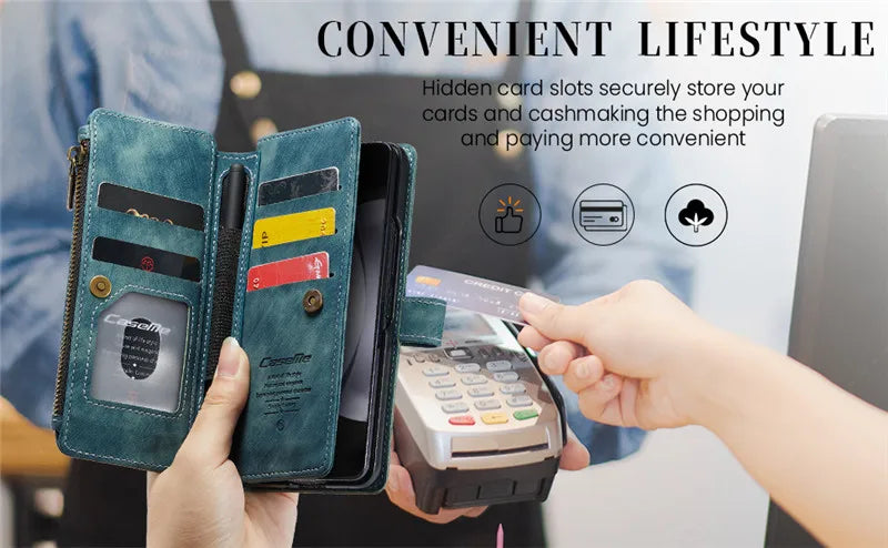 Luxury Lanyard Leather Zipper Wallet Card Phone Case For Samsung Galaxy Z Fold 7 6 5 4 Fold6 Fold5 Fold4 Purse Flip Stand Cover
