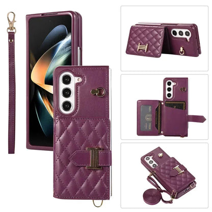 Crossbody Lanyard Leather Wallet Card Phone Case for Samsung Galaxy Z Fold 7 6 5 4 3 Fold6 Fold5 Fold4 Fold3 Wrist Rope Cover
