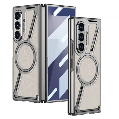 Electroplating Magnetic Wireless Charging Phone Case for Samsung Galaxy Z Fold 7 Zfold 6 Z Shaped Plain Leather Thin Hard Cover