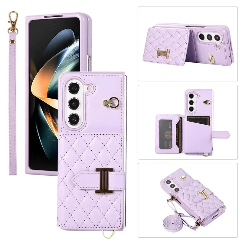 Crossbody Lanyard Leather Wallet Card Phone Case for Samsung Galaxy Z Fold 7 6 5 4 3 Fold6 Fold5 Fold4 Fold3 Wrist Rope Cover