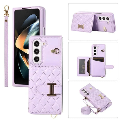 Crossbody Lanyard Leather Wallet Card Phone Case for Samsung Galaxy Z Fold 7 6 5 4 3 Fold6 Fold5 Fold4 Fold3 Wrist Rope Cover