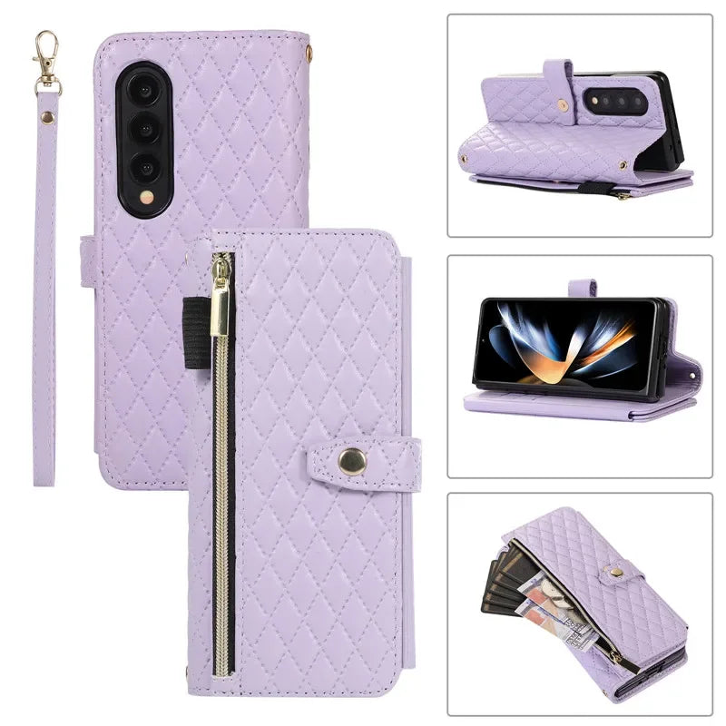 Luxury Lanyard Leather Flip Stand Phone Case for Samsung Galaxy Z Fold 7 6 5 4 3 Fold6 Fold5 Fold3 Fold4 Zip Wallet Card Cover