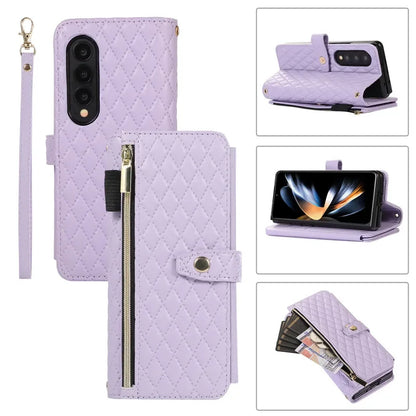 Luxury Lanyard Leather Flip Stand Phone Case for Samsung Galaxy Z Fold 7 6 5 4 3 Fold6 Fold5 Fold3 Fold4 Zip Wallet Card Cover