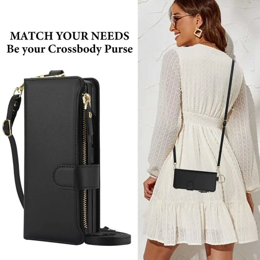 ZFold 7 Pu Leather Crossbody Phone Case for Samsung Galaxy Z Fold 7 6 5 4 3 Ring&Wrist Strap&Long Rope&Zipper Card Wallet Cover