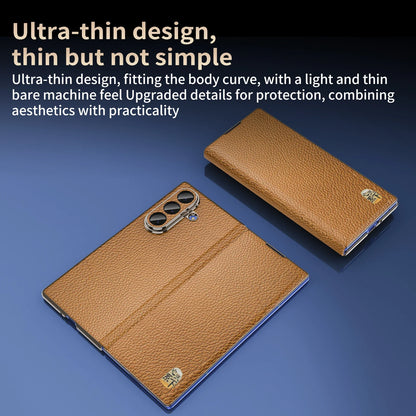 Genuine Cowhide Leather Phone Case for Samsung Galaxy Z Fold 7 Fold6 5 W24 W25 Fine Hole Lens Bumper Magnetic Suction Edge Cover