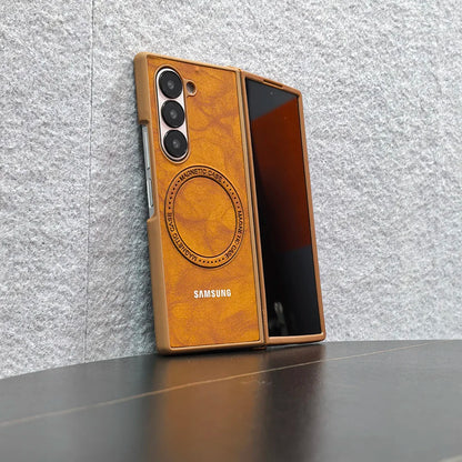 Magnetic Sheepskin Leather Case For Samsung Galaxy Z Fold 3 4 5 6 7 For Magsafe Wireless Charging Hard PC Protective Cover