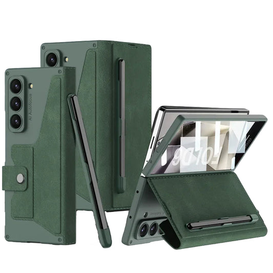 Fold 7 Card Holder Screen Film&Phone Case for Samsung Galaxy Z Fold 7 6 Pen Slot Magnetic Buckle Wallet Pu Leather+Pc Hard Cover