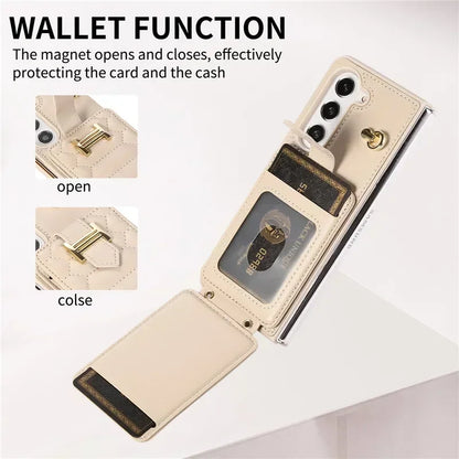 Crossbody Lanyard Leather Phone Case for Samsung Galaxy Z Fold 6 5 4 3 Fold6 Fold5 Fold4 Fold3 Wrist Rope Wallet Card Cover Etui