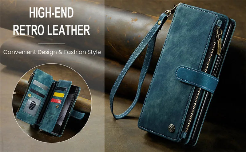 Luxury Lanyard Leather Zipper Wallet Card Phone Case For Samsung Galaxy Z Fold 7 6 5 4 Fold6 Fold5 Fold4 Purse Flip Stand Cover