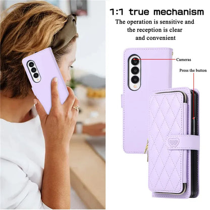 Crossbody Lanyard Zip Leather Wallet Card Phone Case for Samsung Galaxy Z Fold 7 6 5 4 3 Luxury Wrist Rope Flip Stand Cover Bag