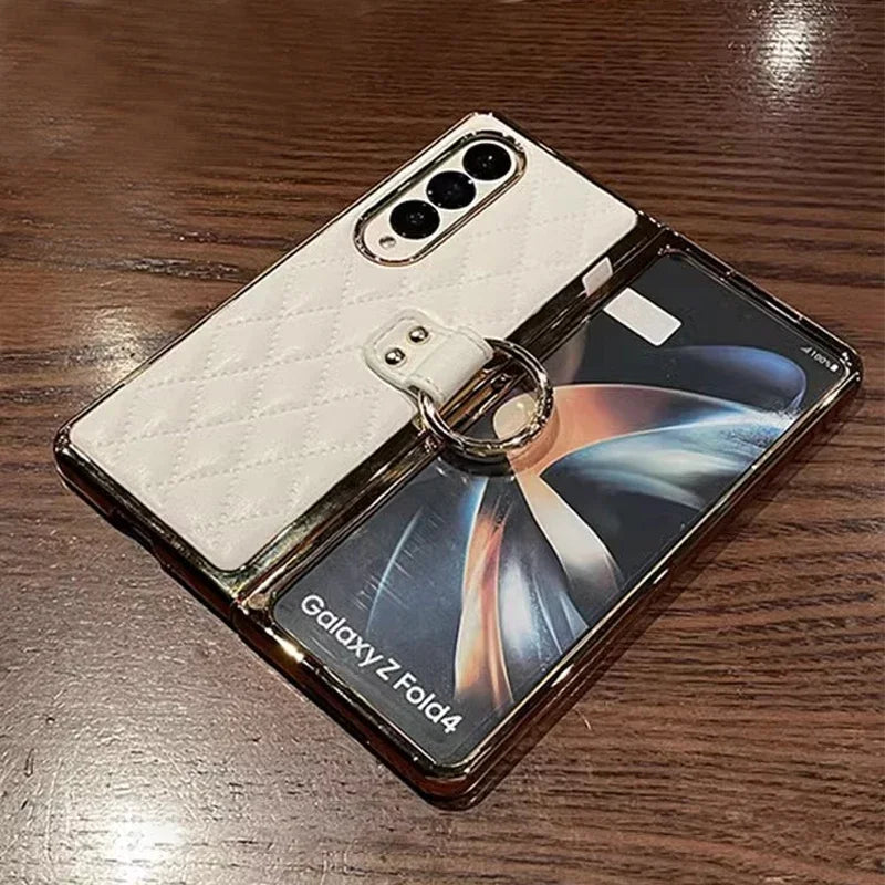 Leather Case with Ring Screen Protector for Samsung Galaxy Z, Fold 5, 6, 7 Z Fold 3, 4, Luxury Phone Case, Plating, Woman, Girl