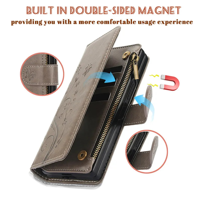 Lanyard Leather Zipper Wallet Multi Card Phone Case for Samsung Galaxy Z Fold 7 6 5 4 3 Fold6 Fold5 Fold4 Fold3 Flip Stand Cover