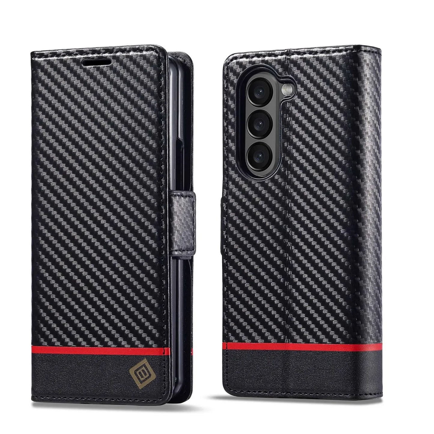 ZFold 7 Carbon Fiber Texture Phone Case for Samsung Galaxy Z Fold 7 6 5 4 3 W23 W22 5G Buckle Pu Leather Card Slot Holder Wallet