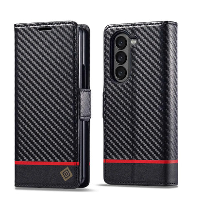 ZFold 7 Carbon Fiber Texture Phone Case for Samsung Galaxy Z Fold 7 6 5 4 3 W23 W22 5G Buckle Pu Leather Card Slot Holder Wallet