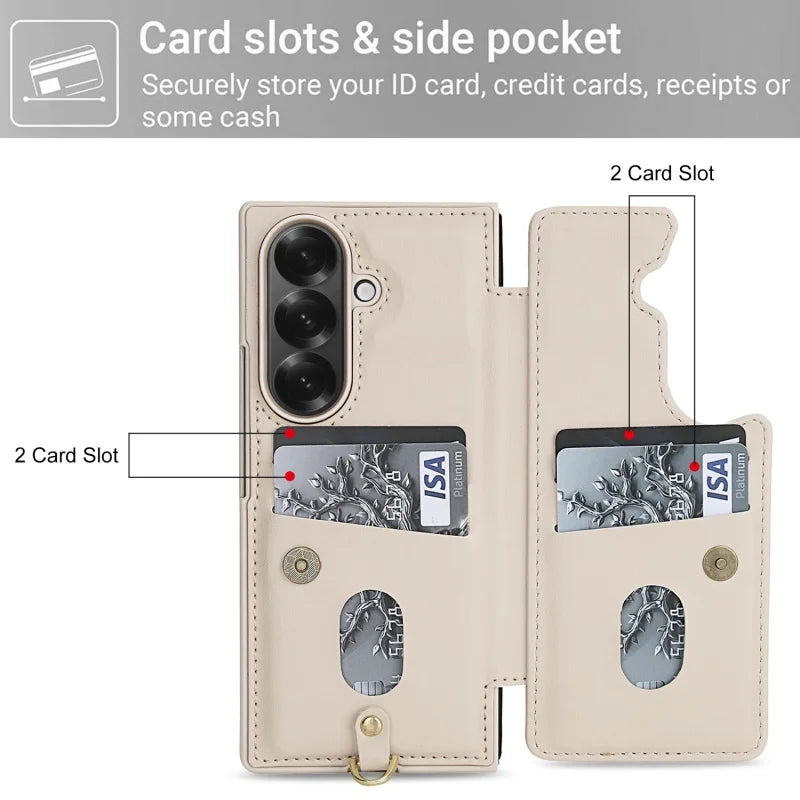 Long Lanyard Leather Wallet Card Slot Phone Case for Samsung Galaxy Z Fold 7 6 5 4 Wrist Strap Flip Purse Holder Cover Back Bag