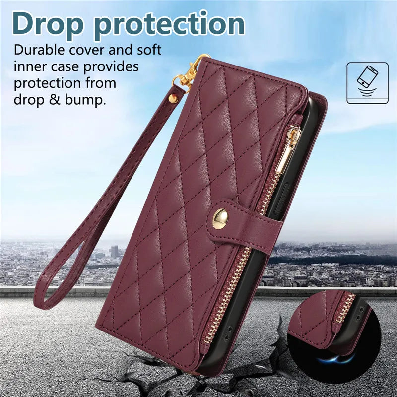 Crossbody Lanyard Leather Zip Wallet Card Slot Phone Case for Samsung Galaxy Z Fold 7 6 5 4 3 Wrist Strap Flip Stand Cover Etui