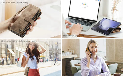 Luxury Lanyard Leather Zipper Wallet Card Phone Case For Samsung Galaxy Z Fold 7 6 5 4 Fold6 Fold5 Fold4 Purse Flip Stand Cover