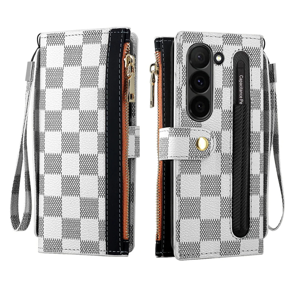 Leather Card Wallet With S Pen Solt Case For Samsung Galaxy Z Fold 6 5 4 3 2 ZFold6 Fold Multifunctional Zipper Protection Cover