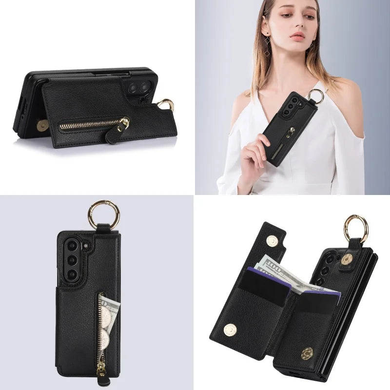 Ring Leather Zipper Wallet Card Slot Phone Case for Samsung Galaxy Z Fold 7 6 5 4 3 Shock Proof Flip Purse Holder Cover Hoesje