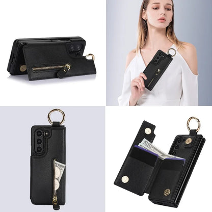 Ring Leather Zipper Wallet Card Slot Phone Case for Samsung Galaxy Z Fold 7 6 5 4 3 Shock Proof Flip Purse Holder Cover Hoesje